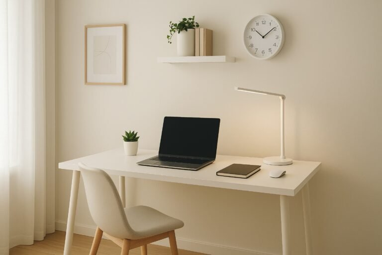 Minimal home office desk with laptop and natural light