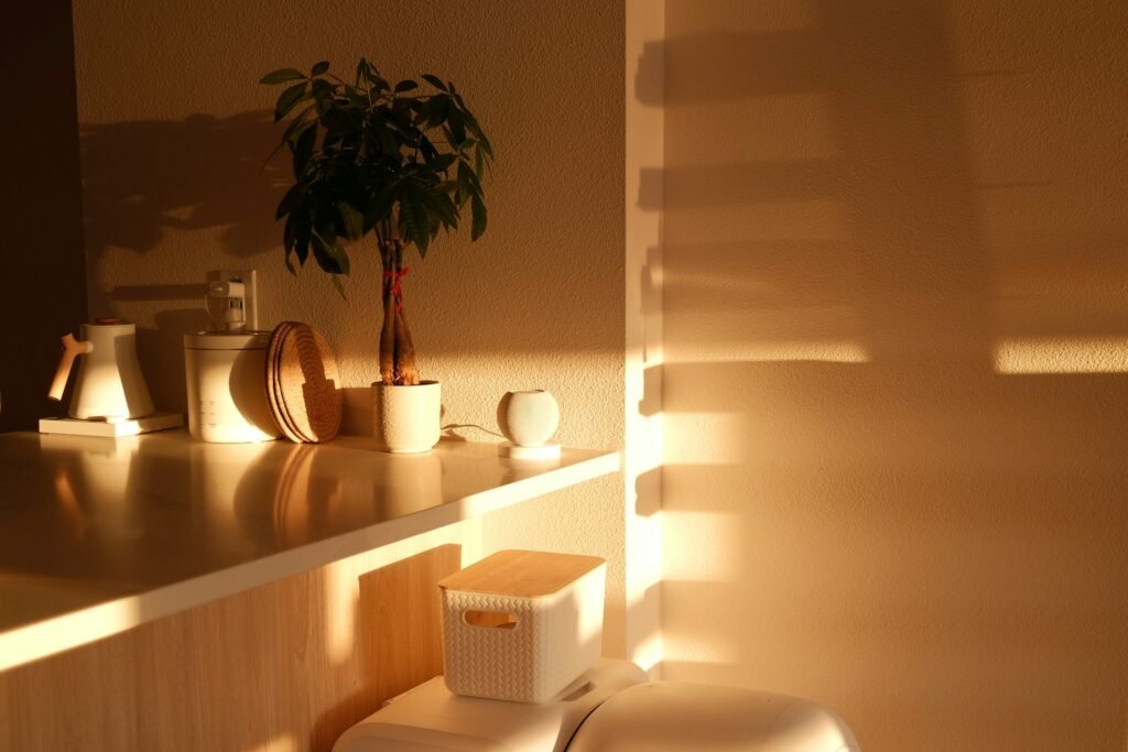 warm sunlight and energy-efficient lighting in a cozy room