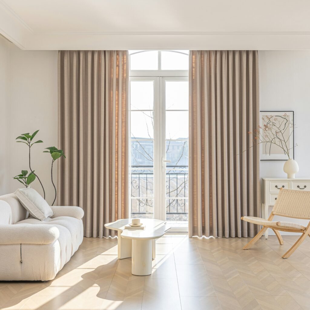 minimalist frugal home interior with warm wood accents and natural light