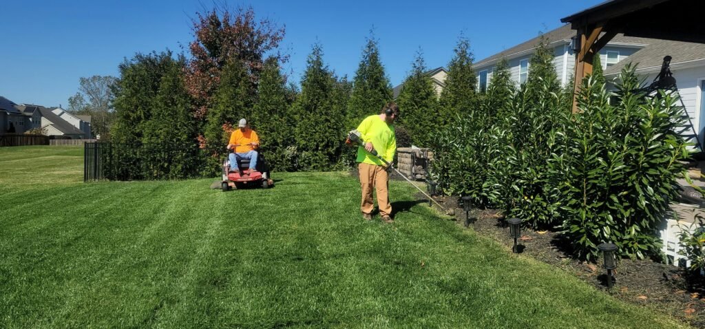 Two people mowing and trimming lawns in a backyard