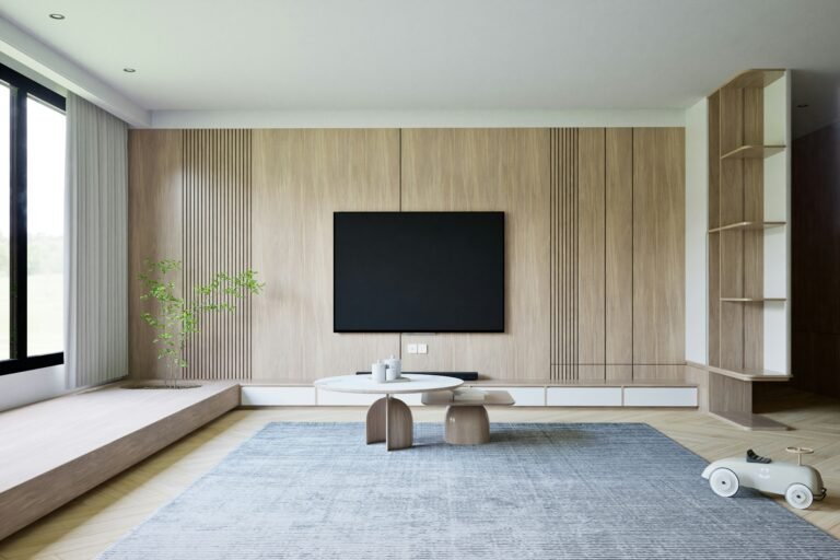 minimalism and mental health concept in a minimalist living room with wooden accents and natural light