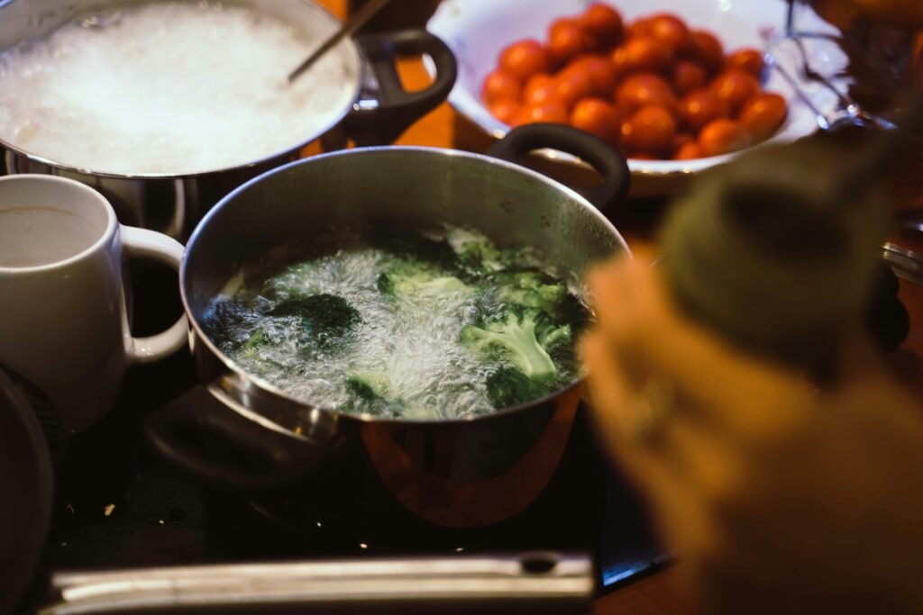 Cooking vegetables in boiling water for freezer meal prep