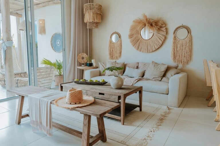 Warm minimalist living room with natural wood and cozy neutral tones — frugal lifestyle theme