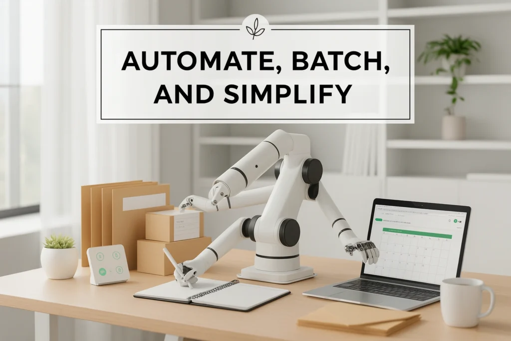 automate batch and simplify productivity concept with robot arm and laptop, side hustlers using time management tips to save hours