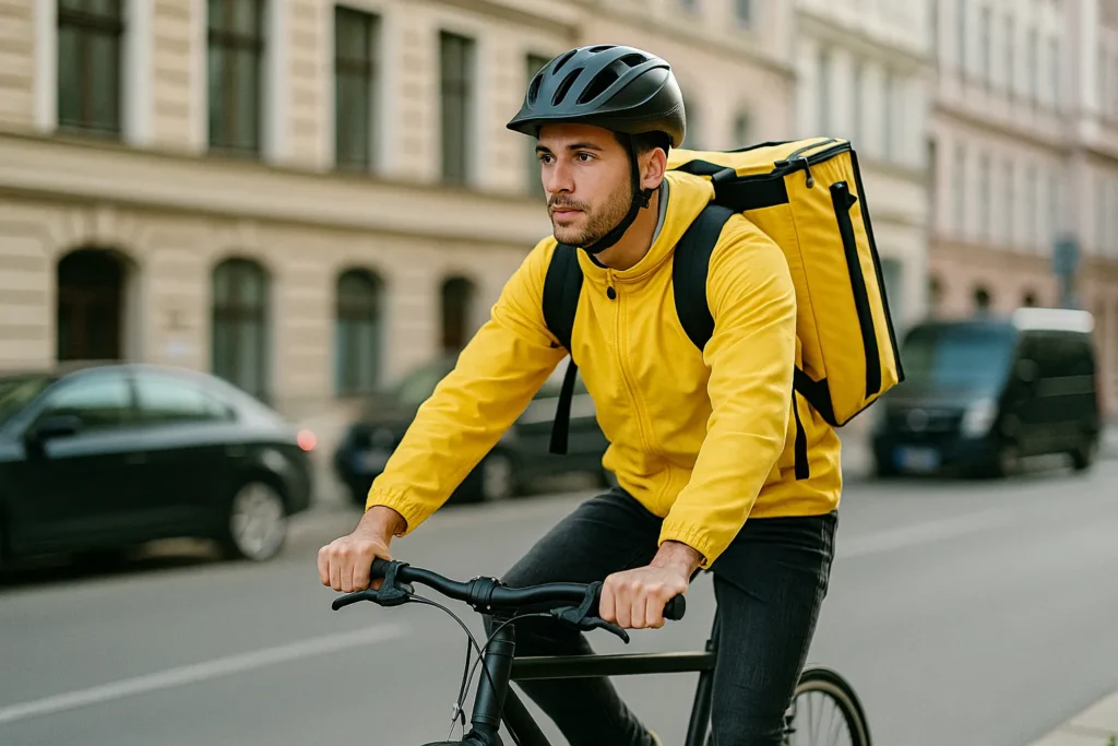 Bike courier delivering food in the city as a quick side hustle