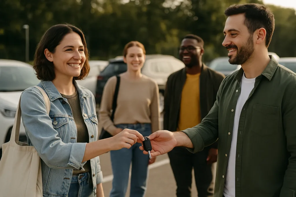 Smiling people exchanging car keys in a parking lot, representing car sharing and ridesharing with Uber, Turo, and Zipcar.