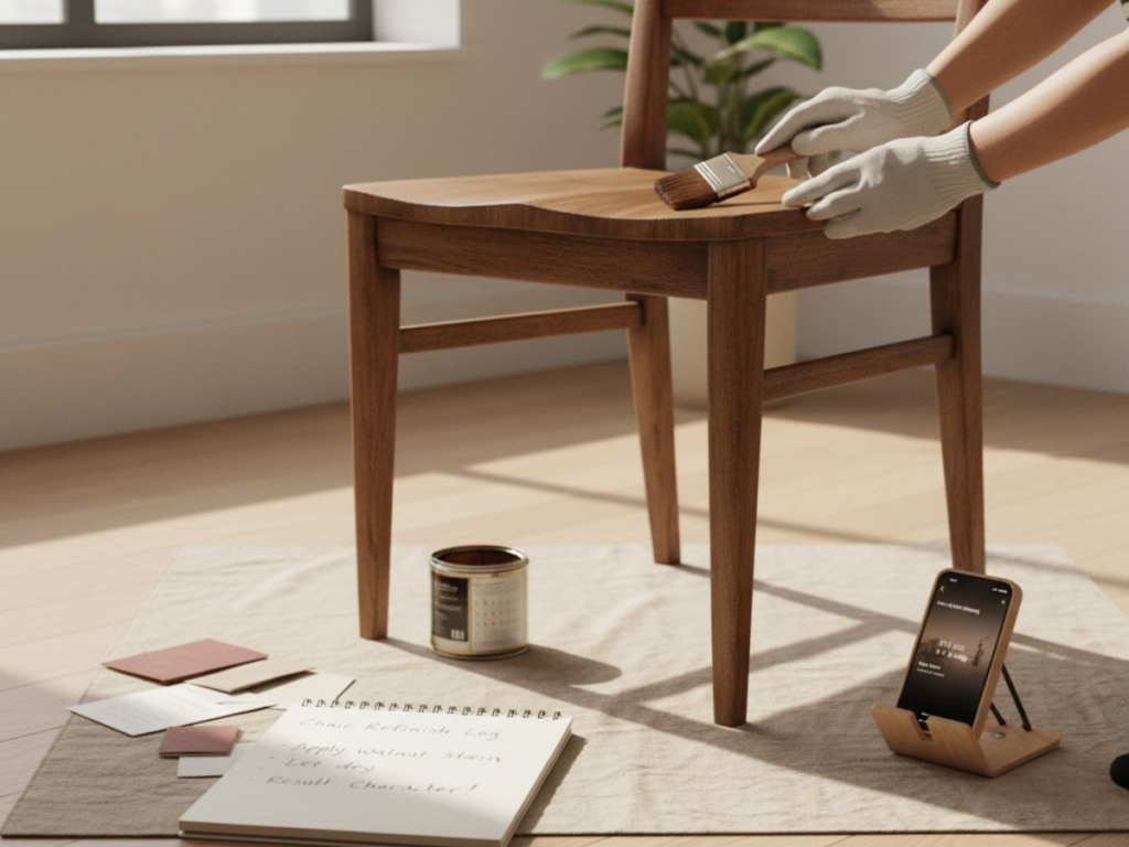 refinishing wooden chair as diy home fixes project that defines frugal home lifestyle and simple living mindset