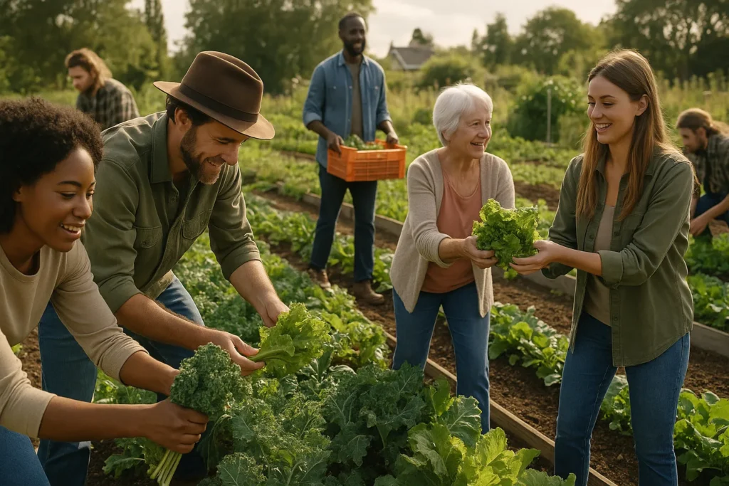 People harvesting fresh vegetables together in a community garden, showing shared food savings and frugal living.