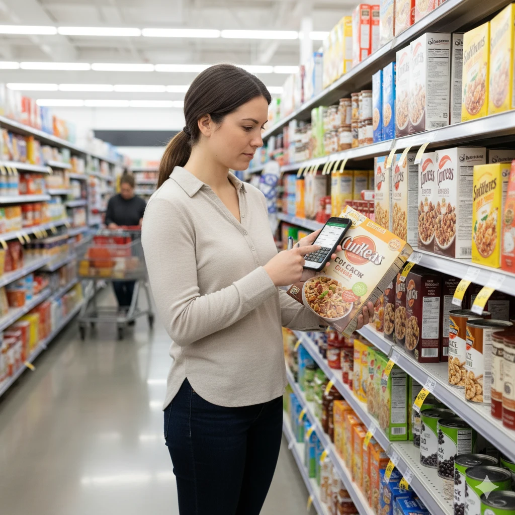 Comparing cereal prices and store brands in a grocery aisle using smart grocery shopping hacks to save money on groceries every week.