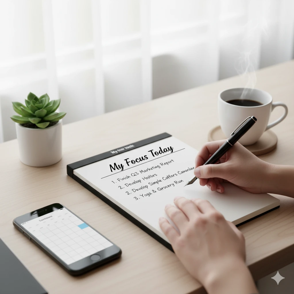 Writing top three tasks in a daily planner to create a focused daily routine for success.