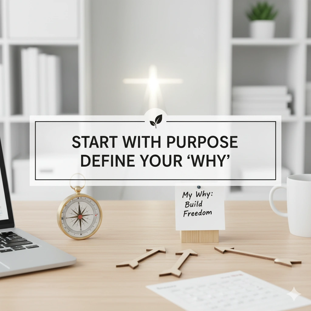 start with purpose define your why desk scene with compass and planner, side hustlers building motivation and productivity goals