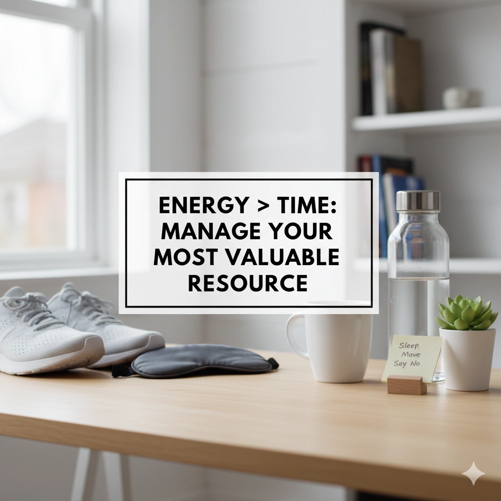 energy management workspace with shoes water bottle and coffee cup, productivity and work-life balance for side hustlers