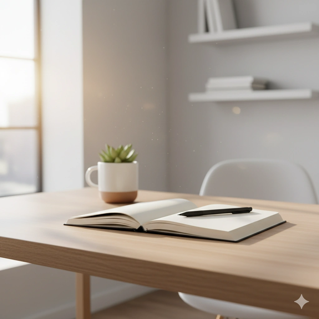 minimalist desk setup with notebook and coffee cup symbolizing calm focus and work-life balance for side hustlers