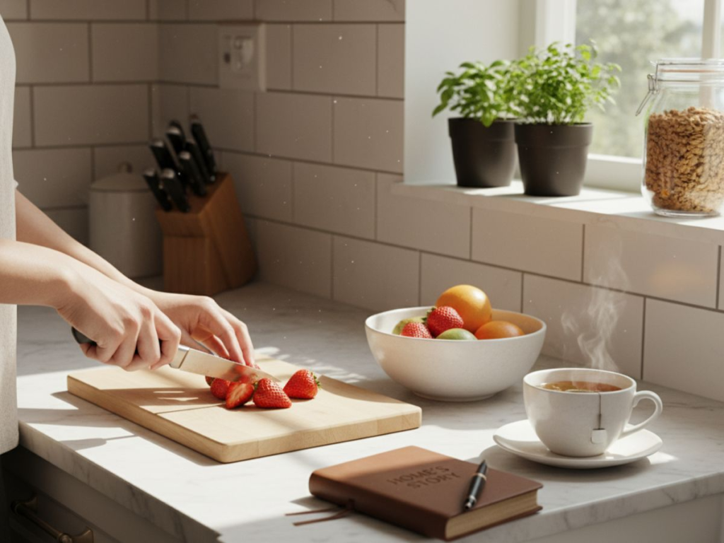morning kitchen scene with hands cutting strawberries and brewing tea symbolizing calm frugal home routine and simple living lifestyle