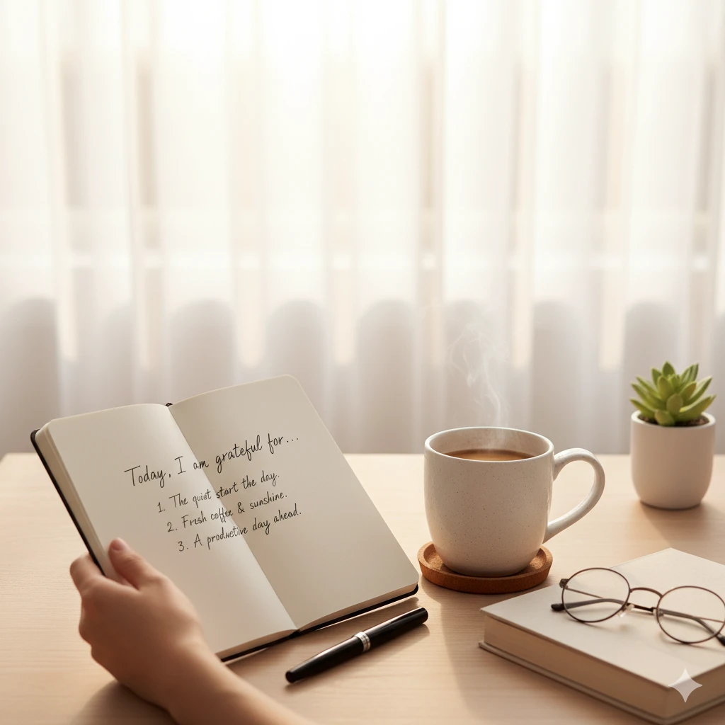 Writing gratitude notes with coffee as part of a calm morning routine for productivity.