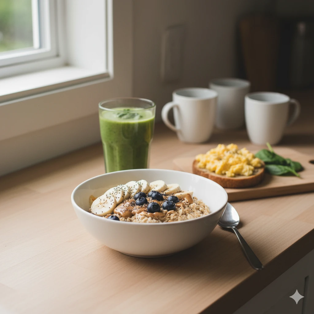Healthy breakfast with oatmeal and smoothie supporting a balanced morning routine for productivity.
