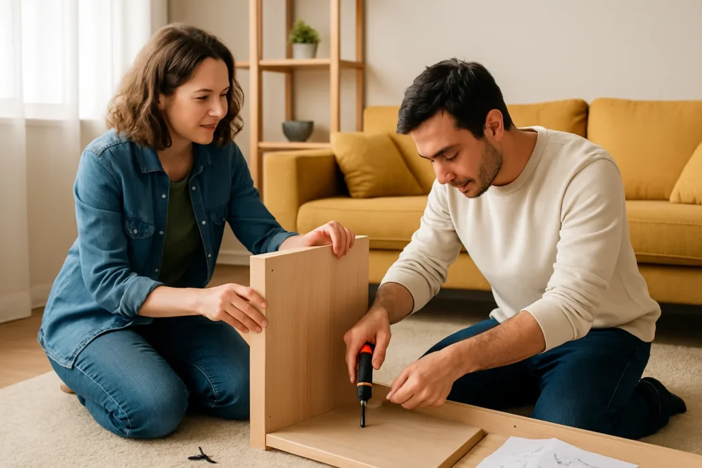 Two people assembling furniture at home as a quick side hustle under an hour