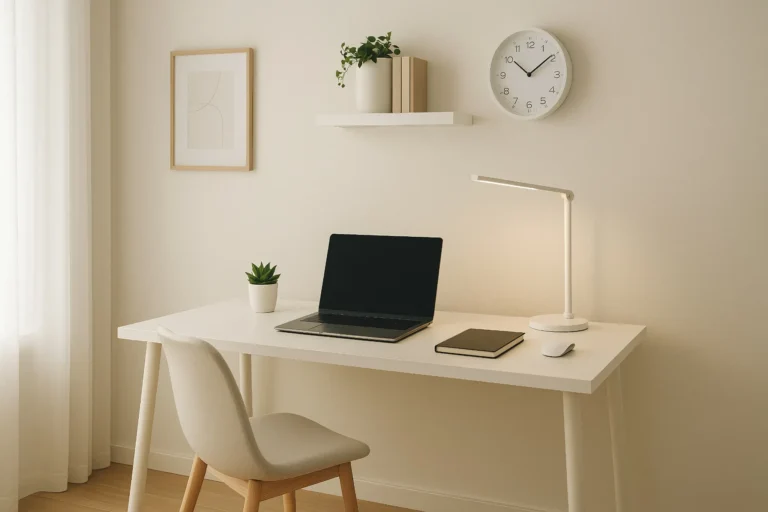 Minimalist wooden desk with laptop, notebook, and lamp showing focus workspace for how to stop procrastinating and productivity tips.