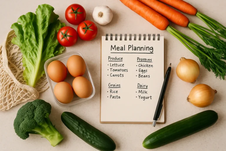 Meal planning tips with fresh vegetables and grocery list on a kitchen counter to reduce food waste