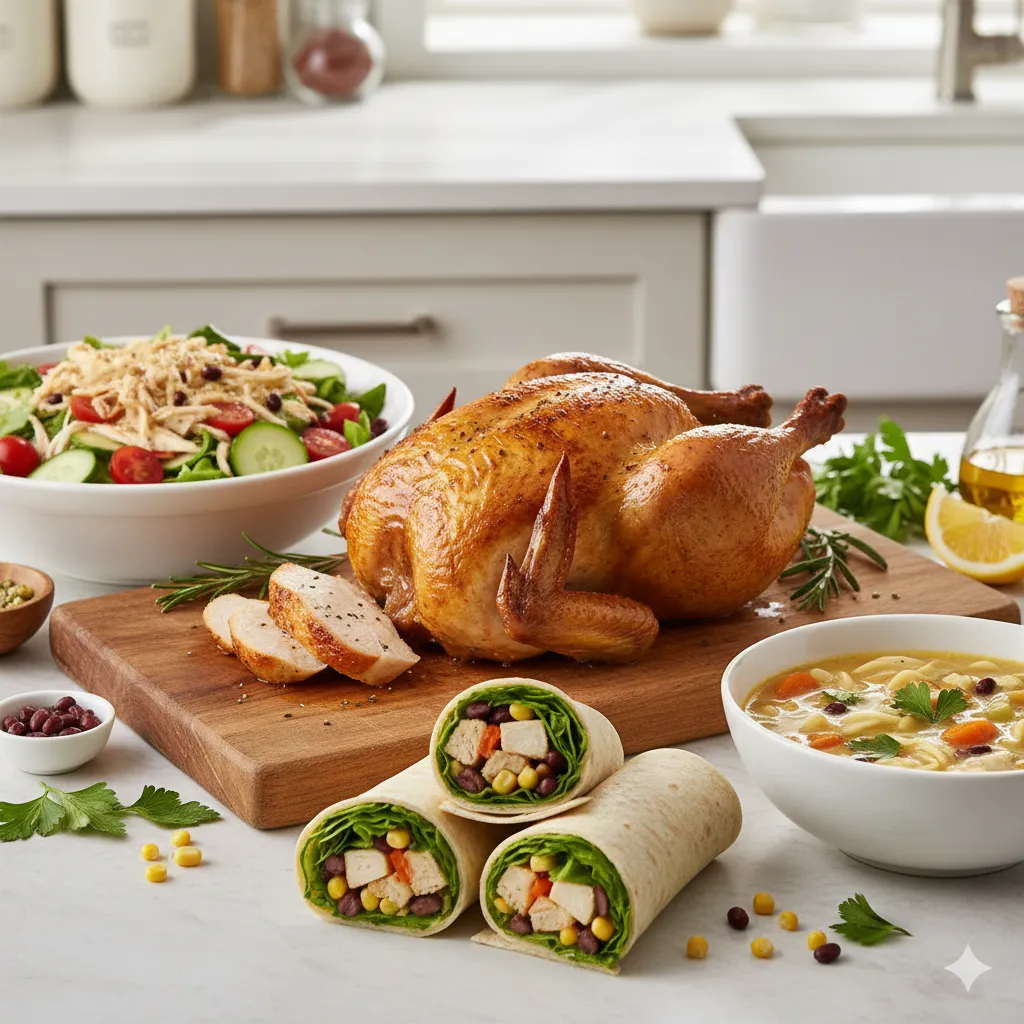 Creative leftover meal ideas on the table including omelet, mini pizzas, and wraps for meal planning