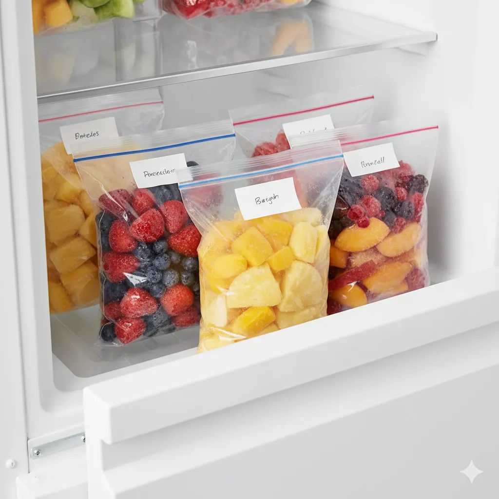 Freezer meal planning with bags of frozen fruit and vegetables as food storage hacks