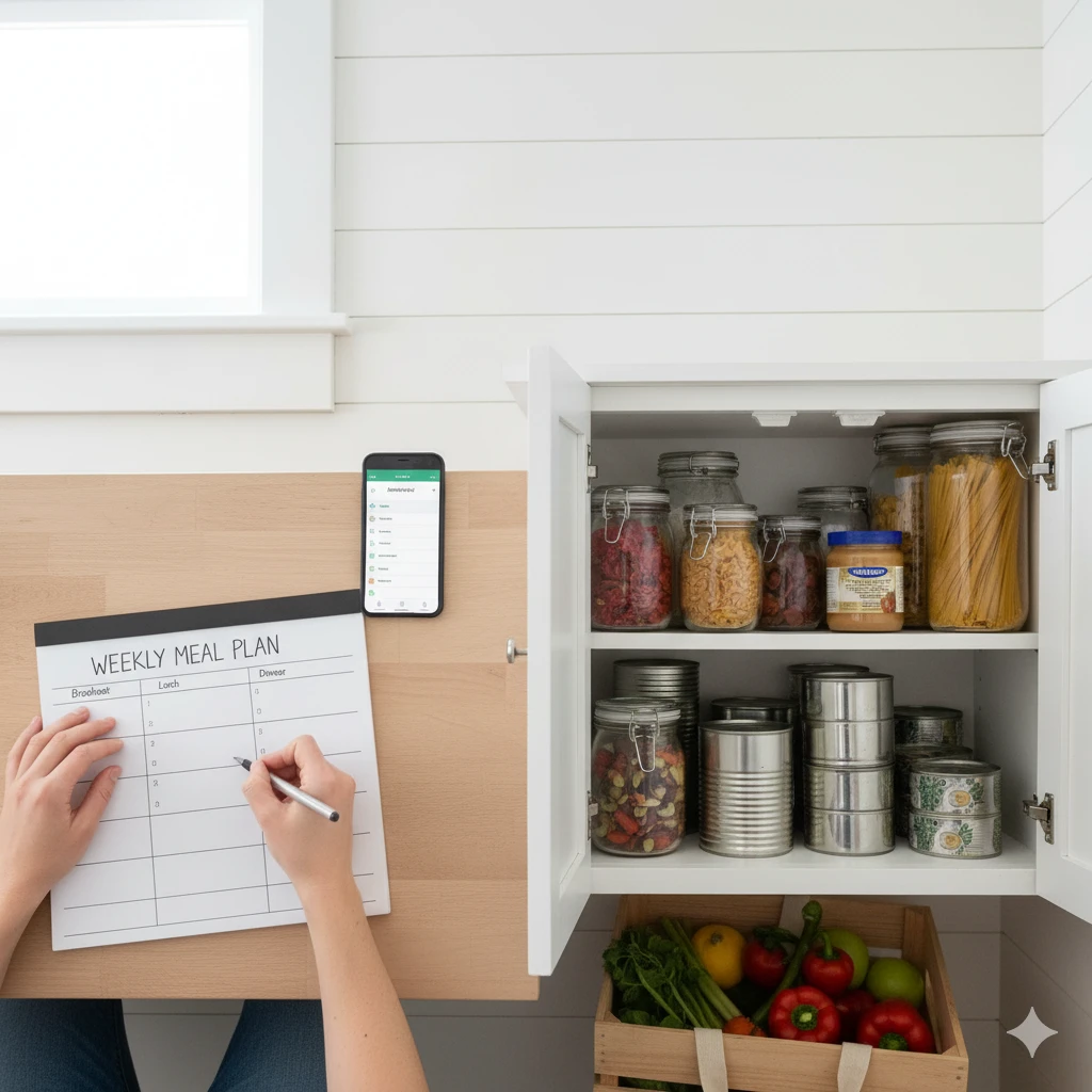 Meal planning and pantry check as part of smart grocery shopping hacks to save money on groceries and follow frugal grocery tips.