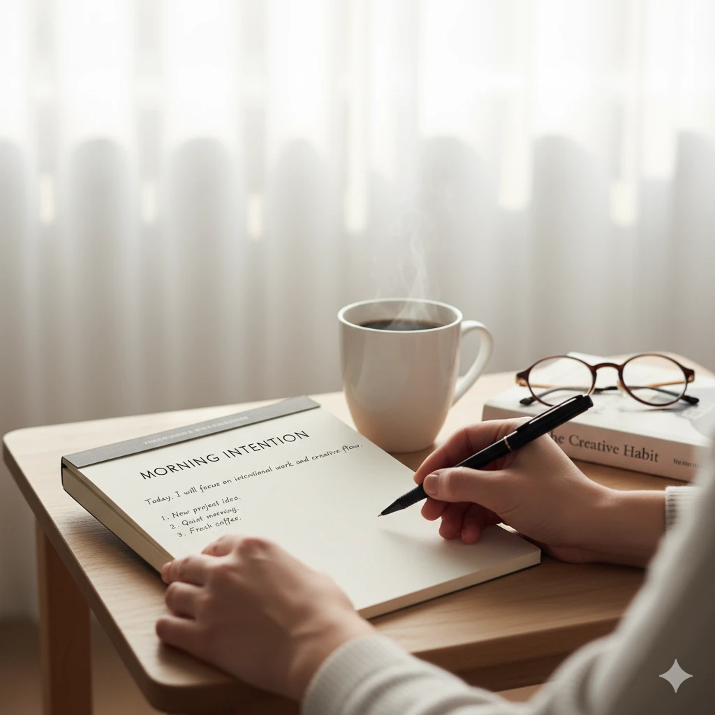 Writing a morning intention journal to build a morning routine for productivity and focus.