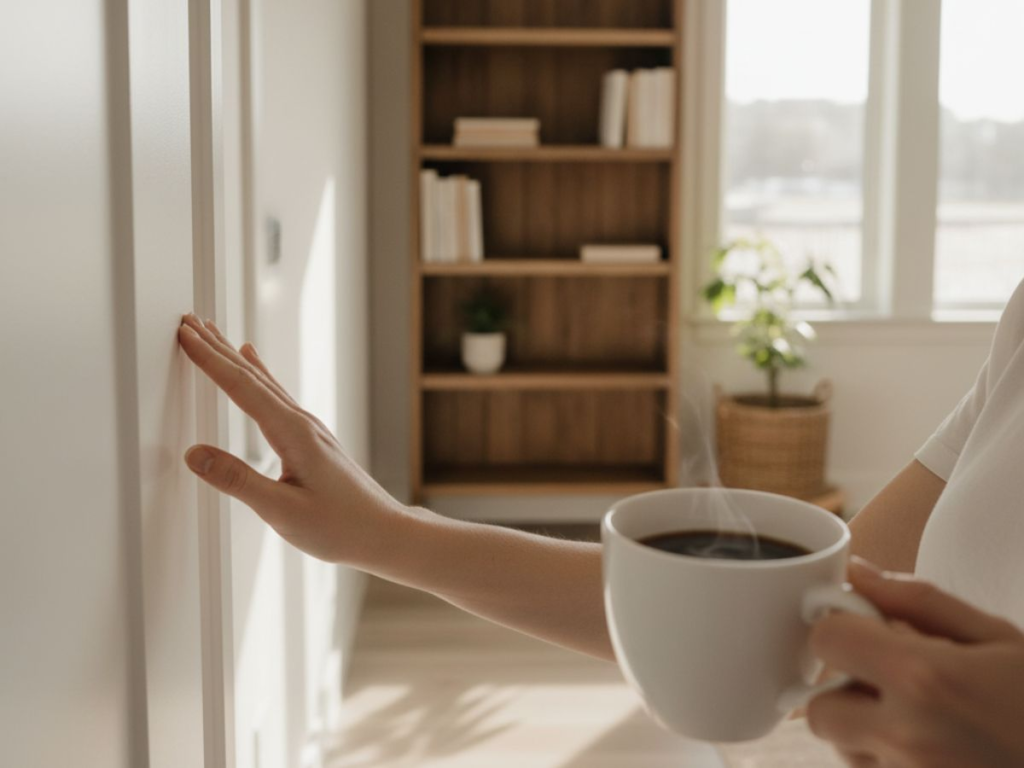 morning coffee moment in cozy frugal home illustrating simple living and diy home fixes that save time and money