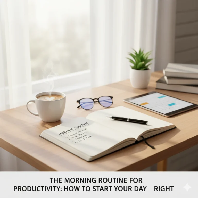 Morning coffee, planner, and journal on a wooden desk symbolizing a complete morning routine for productivity.