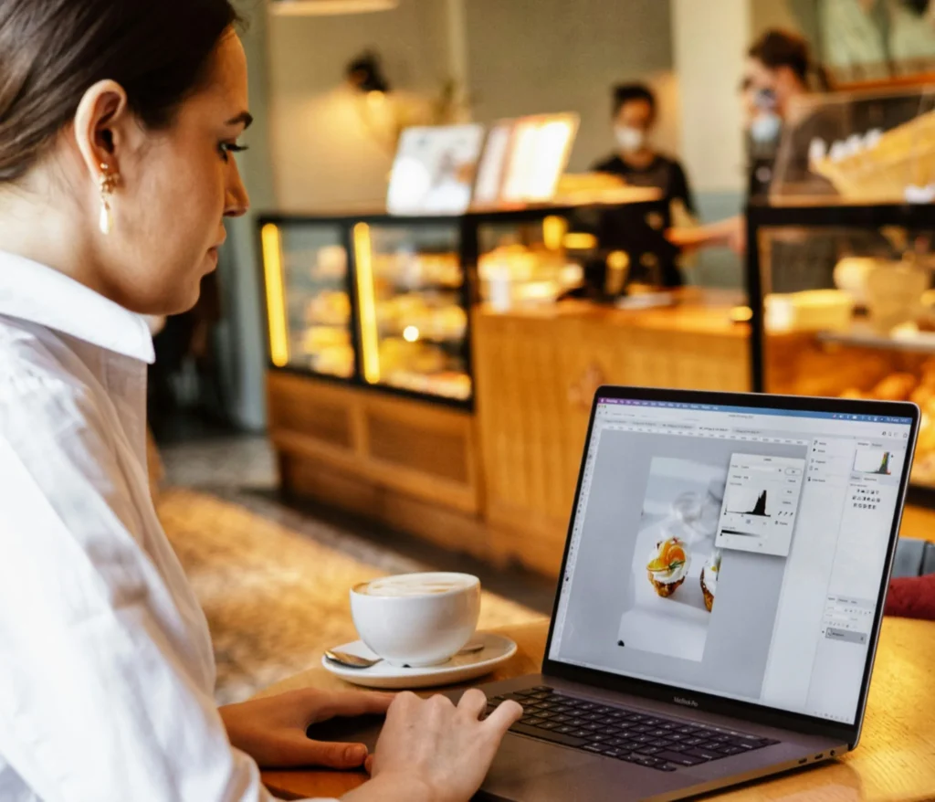 Woman ordering coffee while doing a mystery shopping side hustle