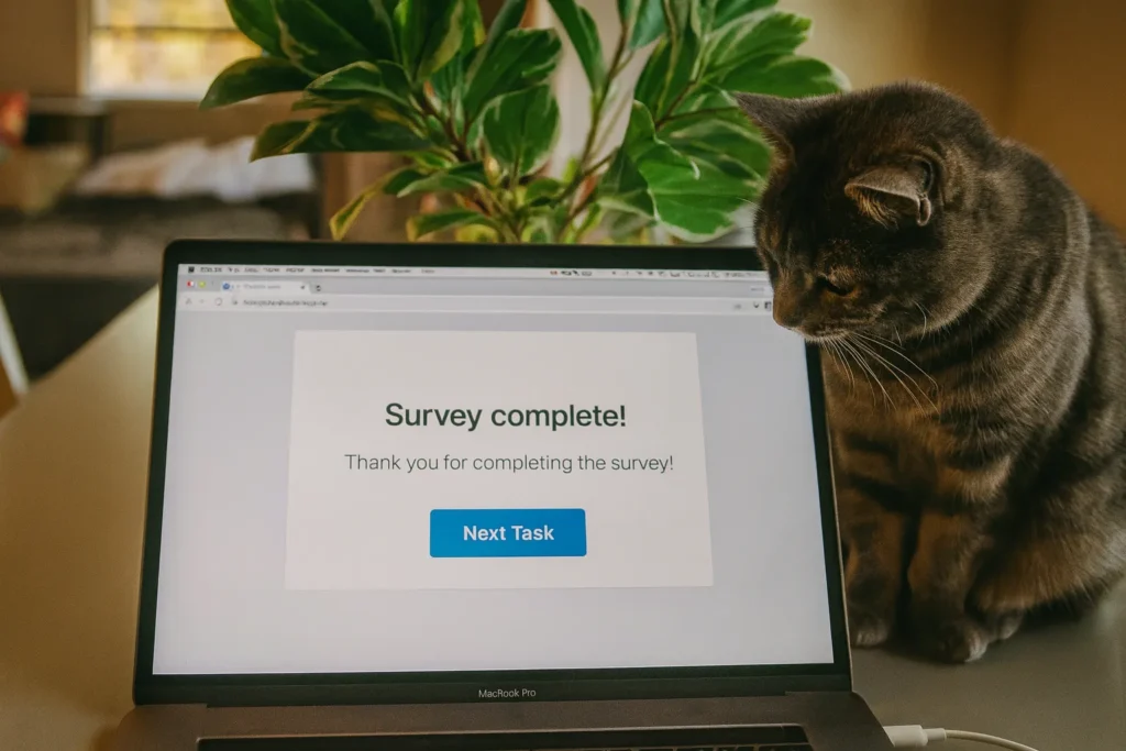 Laptop screen showing online survey complete, an easy way to make money in spare time