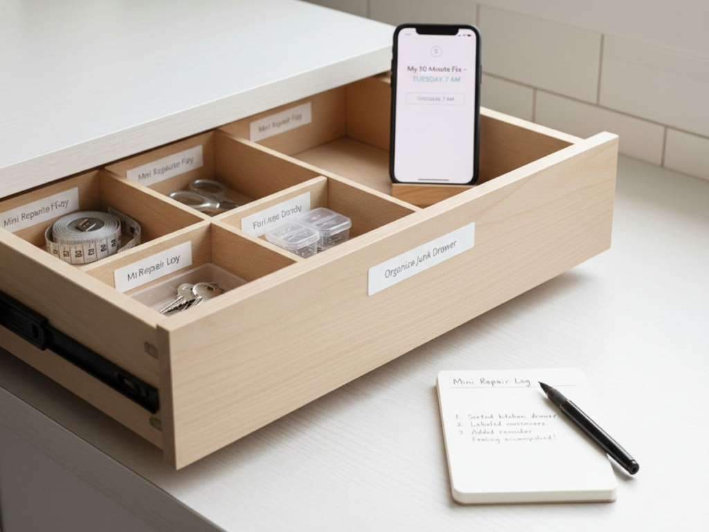 organized tool drawer symbolizing diy home fixes and home maintenance routine in a frugal home to save time and money