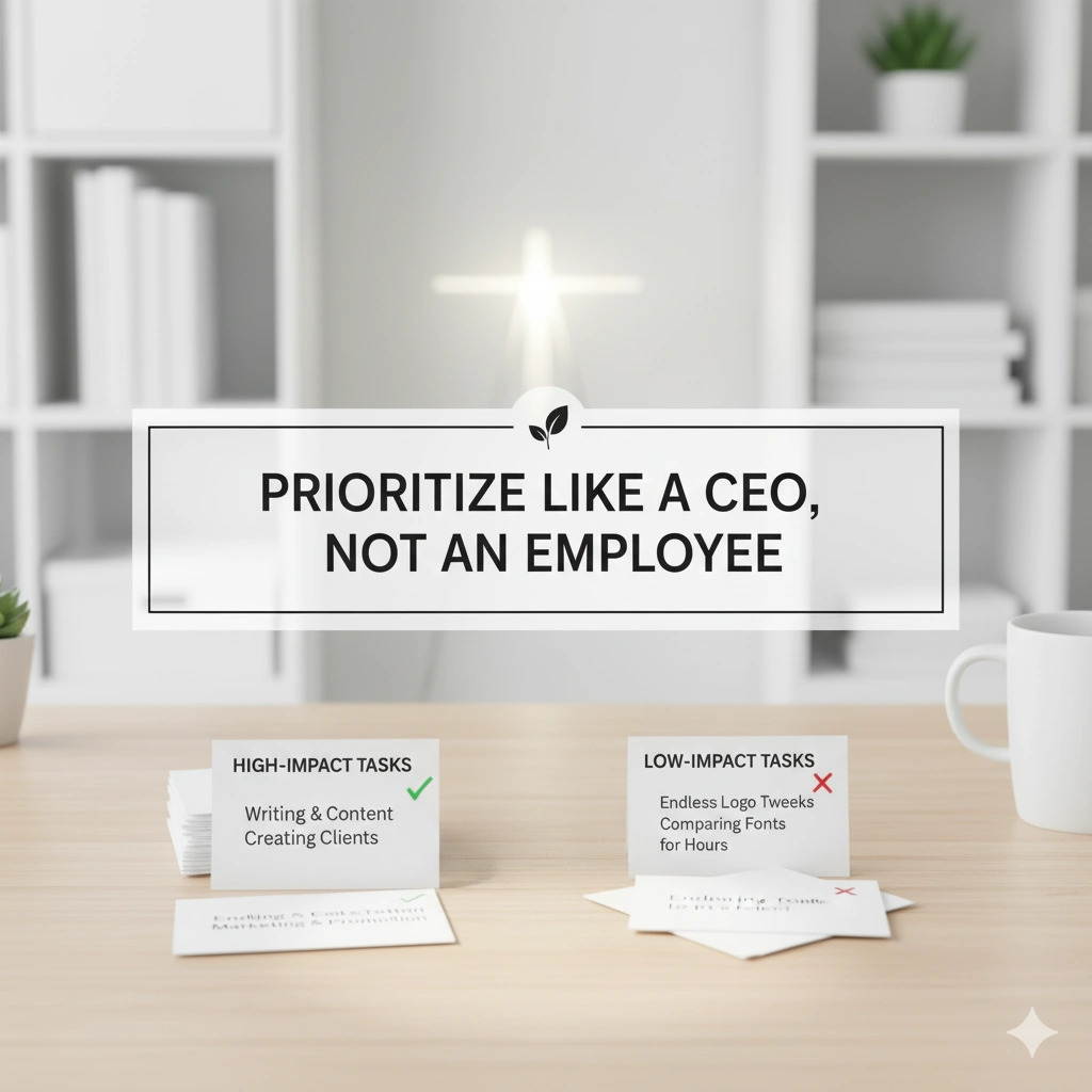 prioritize like a ceo time management tips, high-impact tasks vs low-impact tasks on desk, productivity mindset for side hustlers