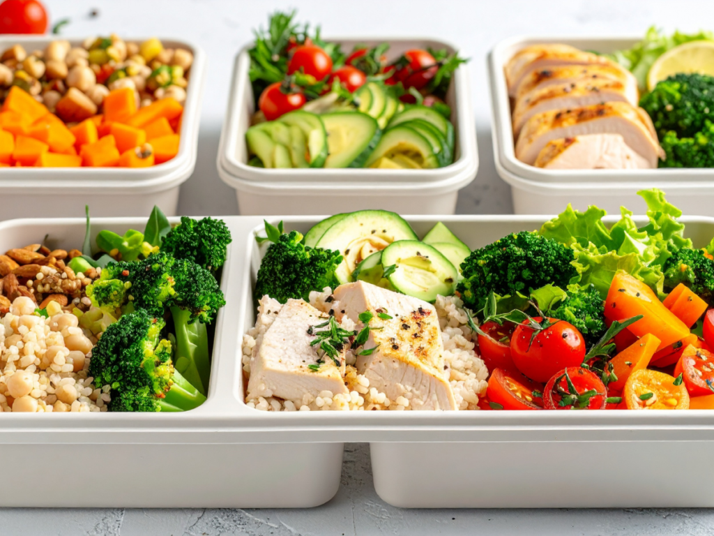Colorful meal prep containers organized for a weekly $50 meal plan
