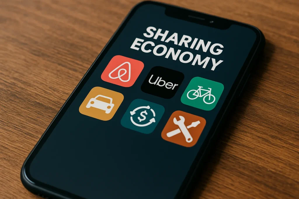 Smartphone screen with sharing economy apps like Airbnb, Uber, and bike sharing, symbolizing frugal apps for saving money.
