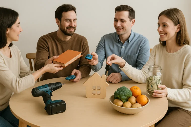 People exchanging goods, money, and food around a table, illustrating the sharing economy and saving money.