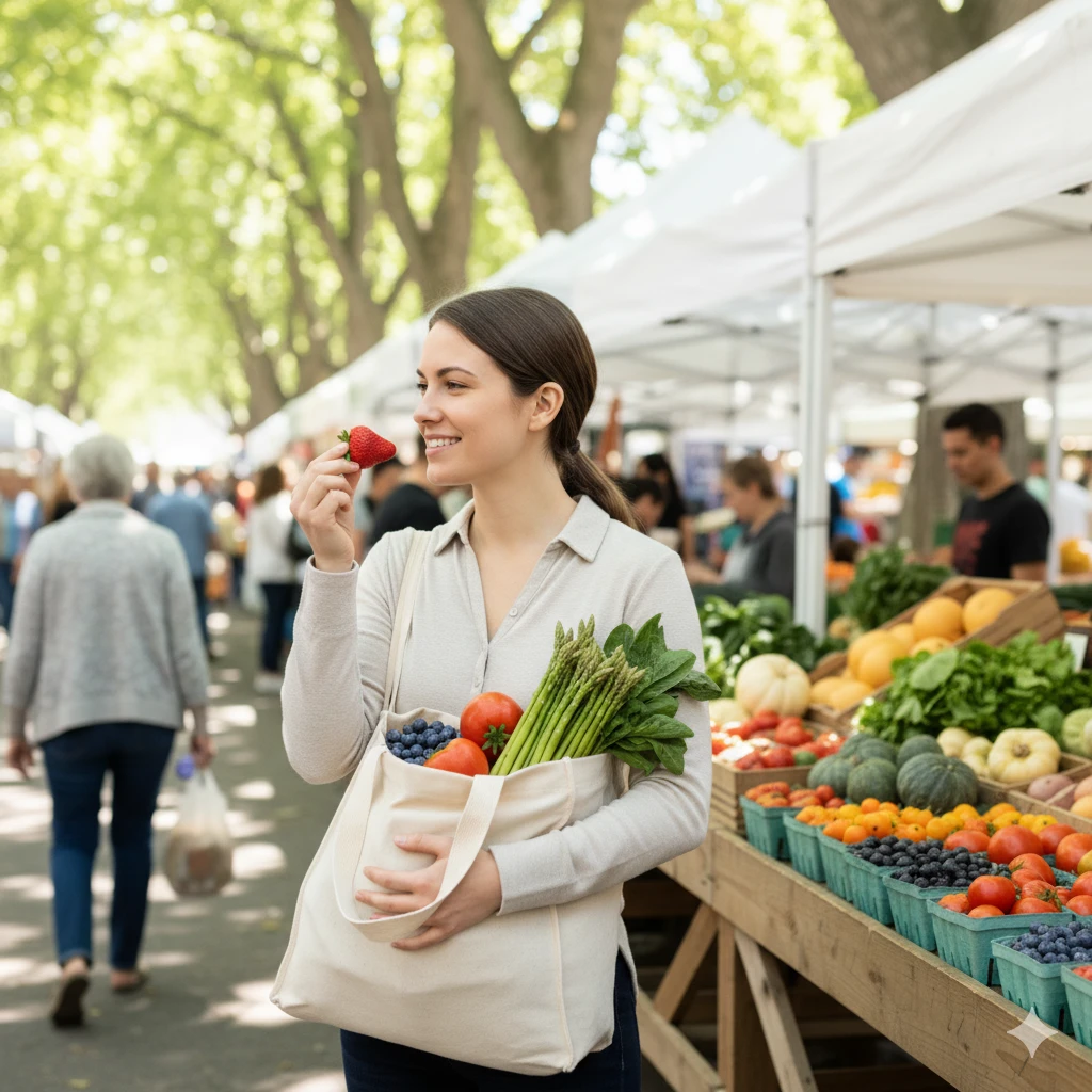 Buying seasonal produce at a farmers market is one of the smart grocery shopping hacks to save money on groceries and eat locally.