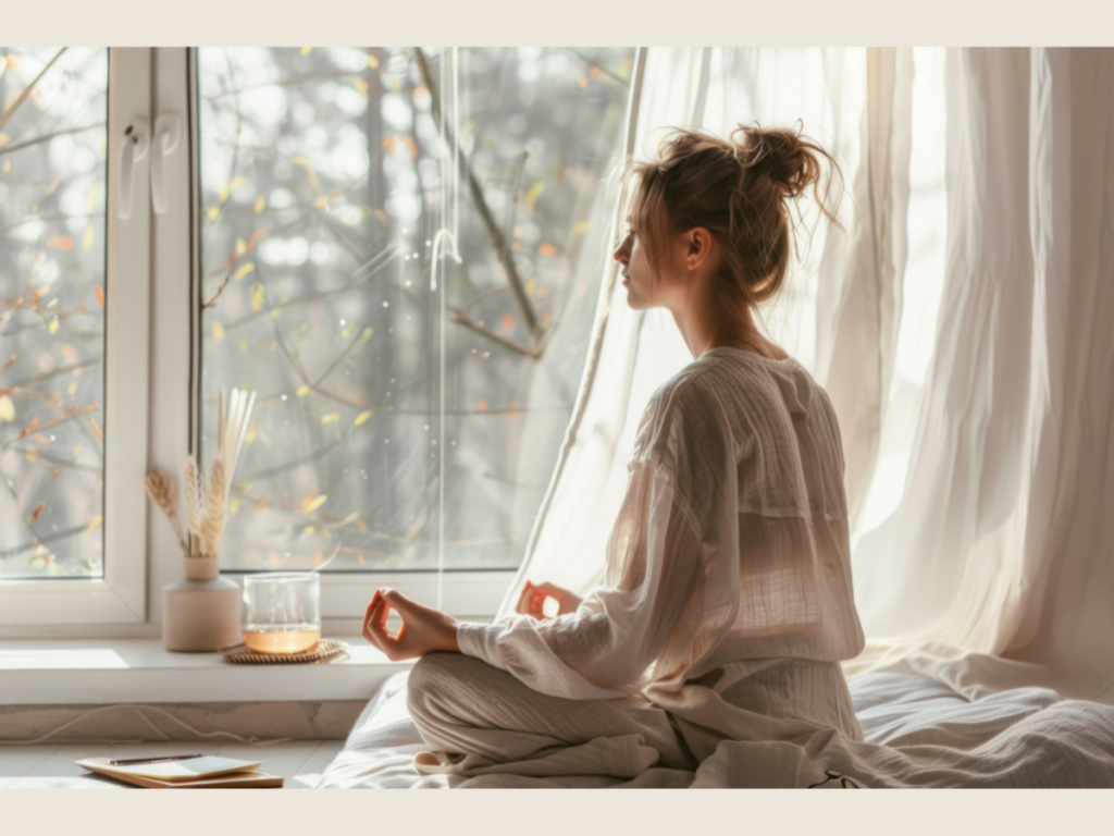 Woman meditating by window showing the calm mindset that comes from minimalist money and financial balance.