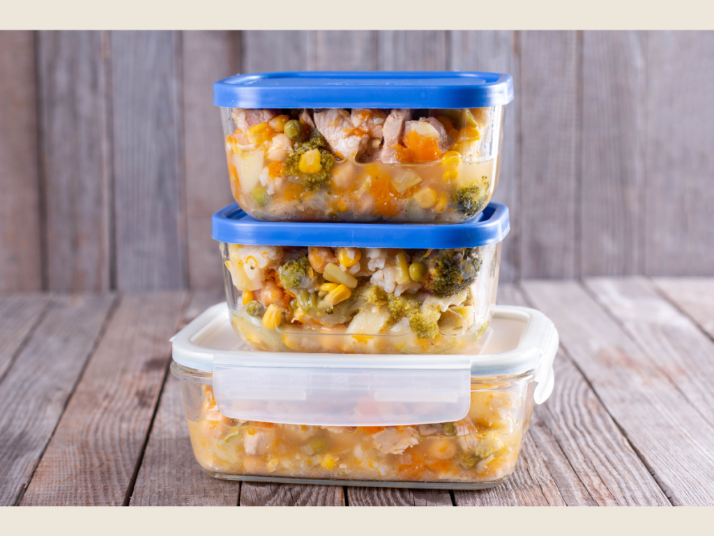 Batch cooking day with labeled freezer bags, organized containers, and a tidy kitchen setup for efficient meal prep.