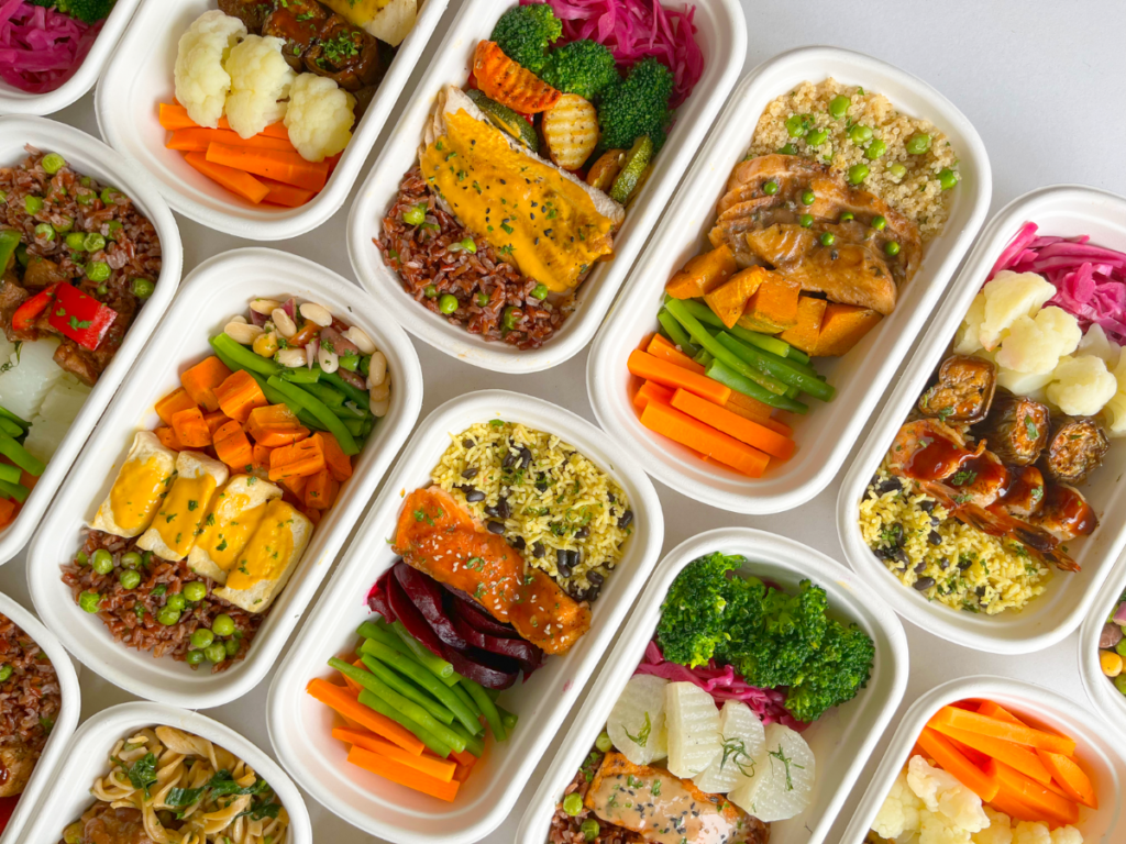 Variety of healthy freezer meals neatly packed in containers, showing balanced portions and organized meal planning.