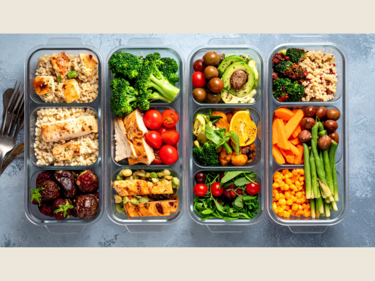 Organized freezer meal prep containers with colorful ingredients on a wooden kitchen counter, symbolizing meal planning and smart savings.