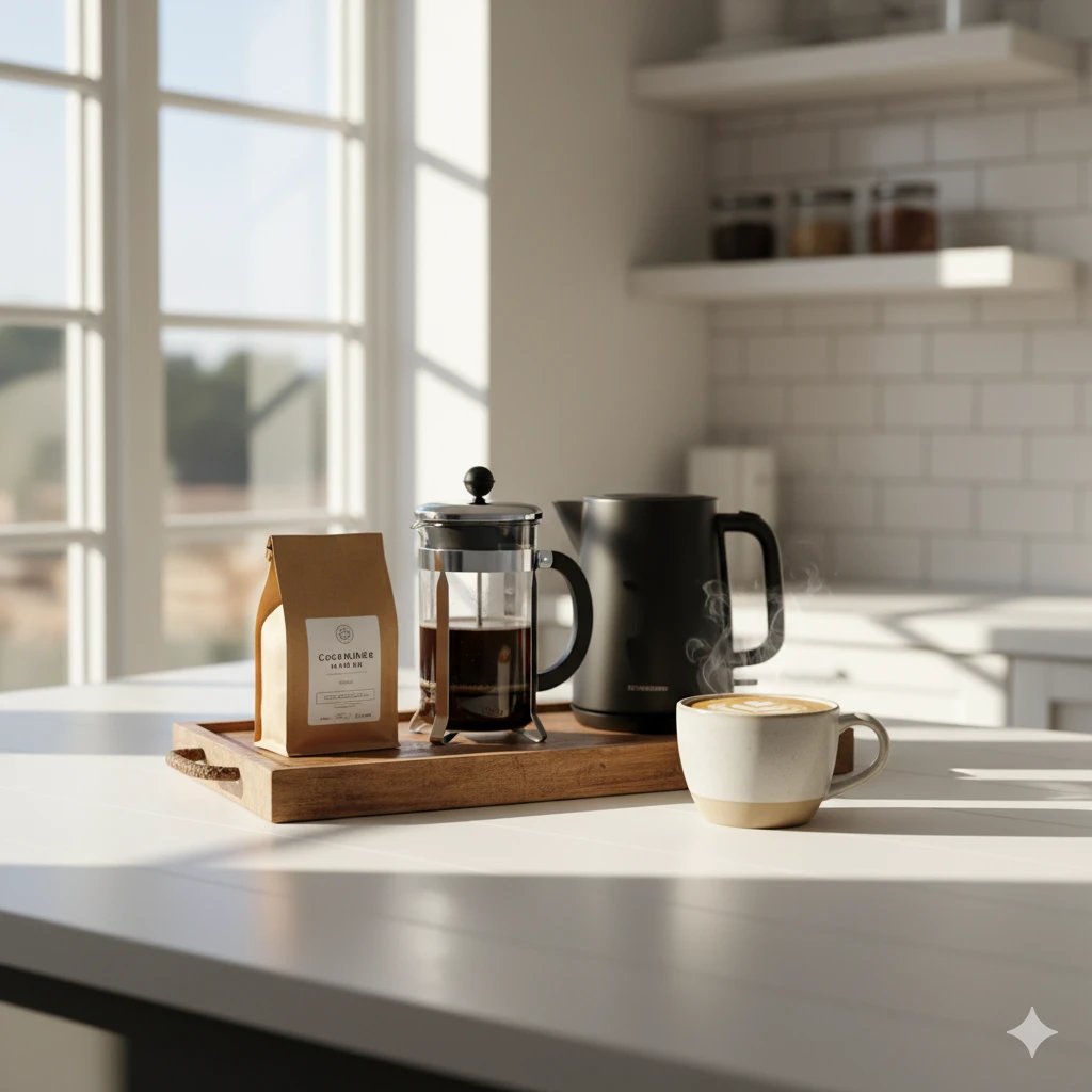 french press coffee and mug on countertop representing simple frugal living hacks for daily savings