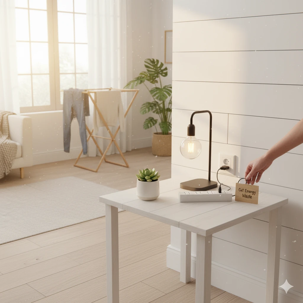 hand unplugging lamp from outlet to reduce energy waste and practice smart frugal living hacks