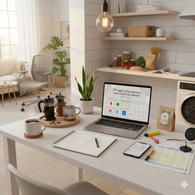 minimalist home office with coffee, laptop, and notebook showing frugal living hacks for saving money