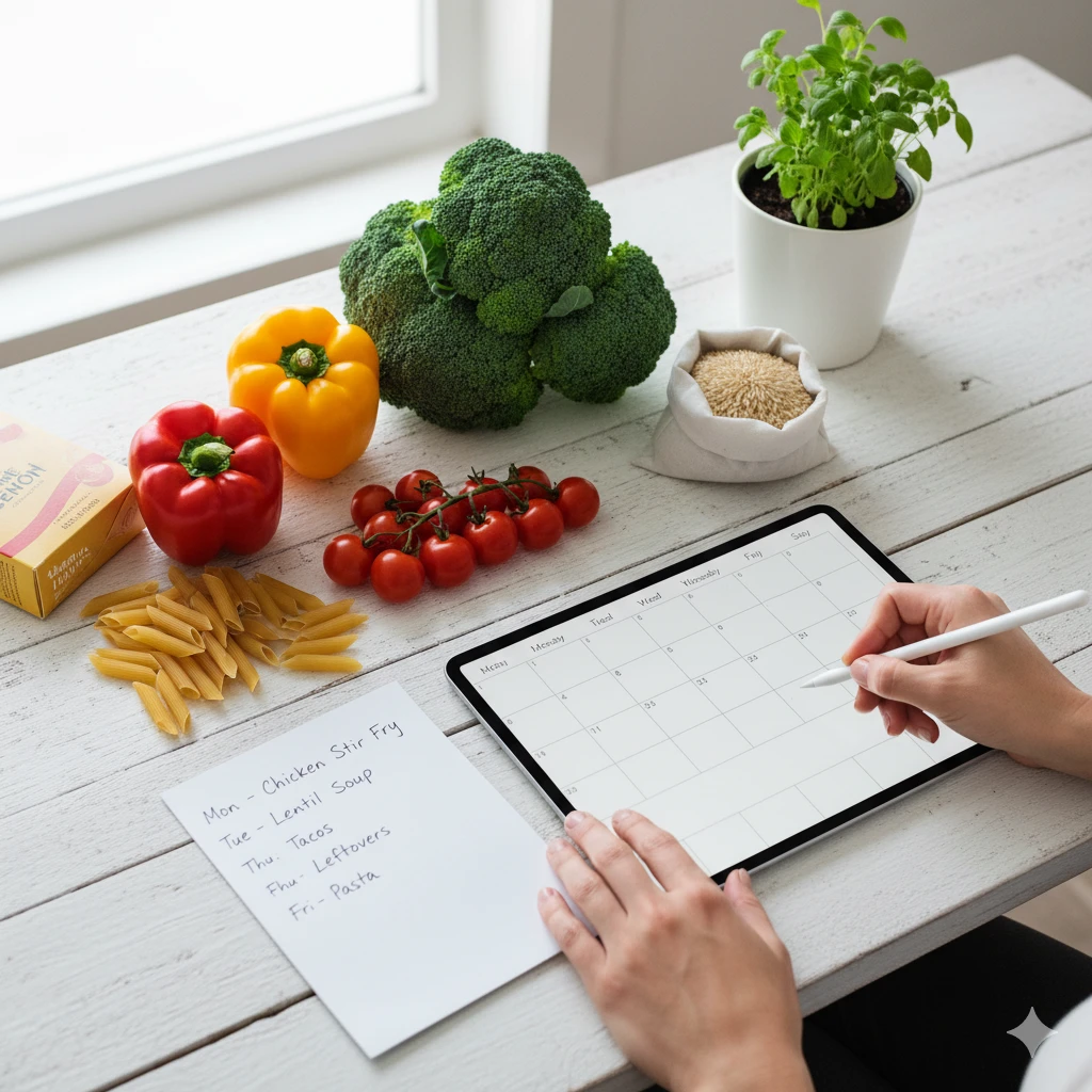 meal planning setup on kitchen table with vegetables and calendar illustrating frugal living hacks to save money every month