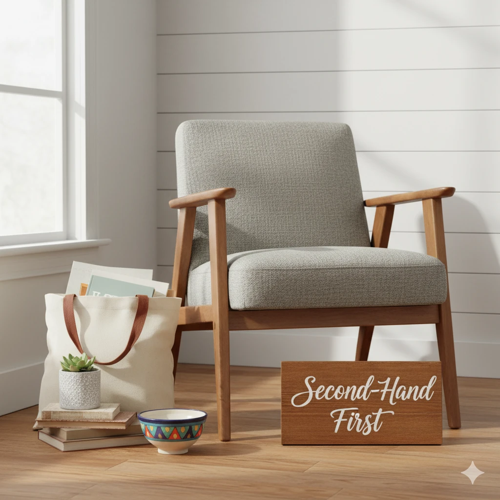 cozy living room with reused furniture and decor showing sustainable frugal living hacks