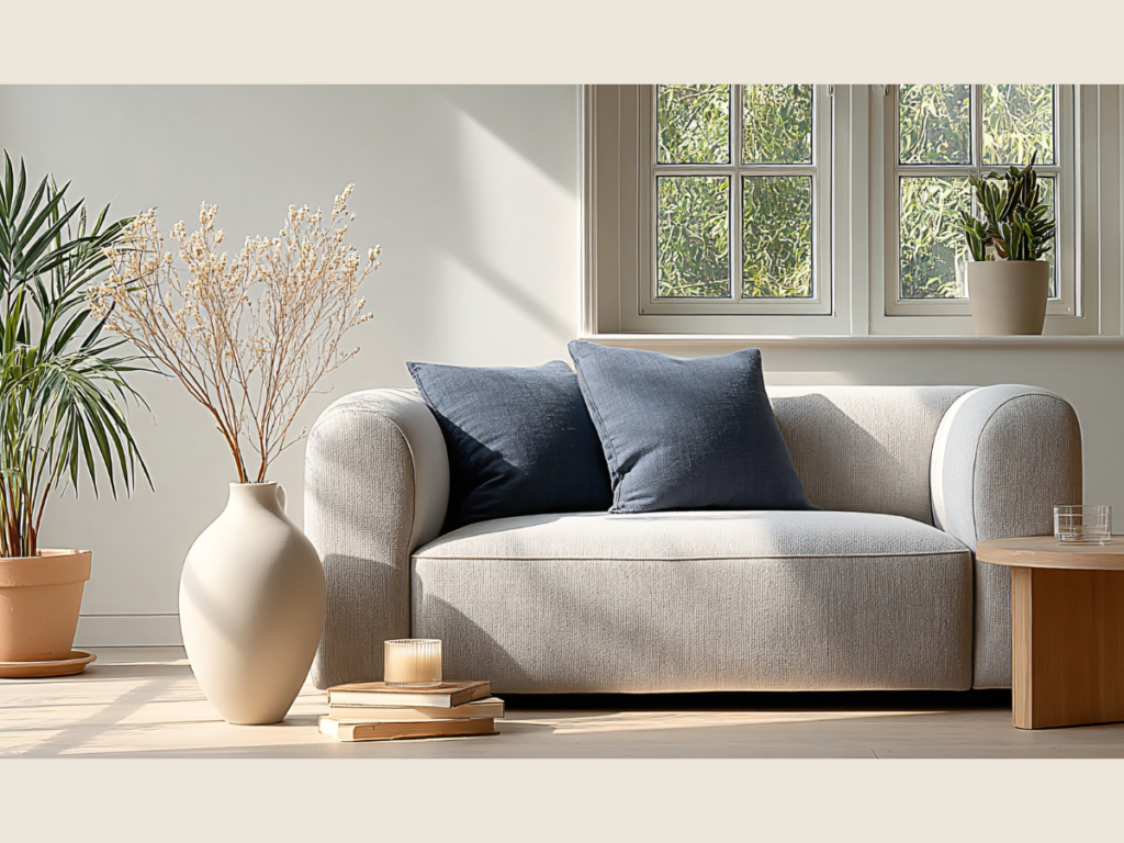 Bright minimalist living room representing the peace of living with less.