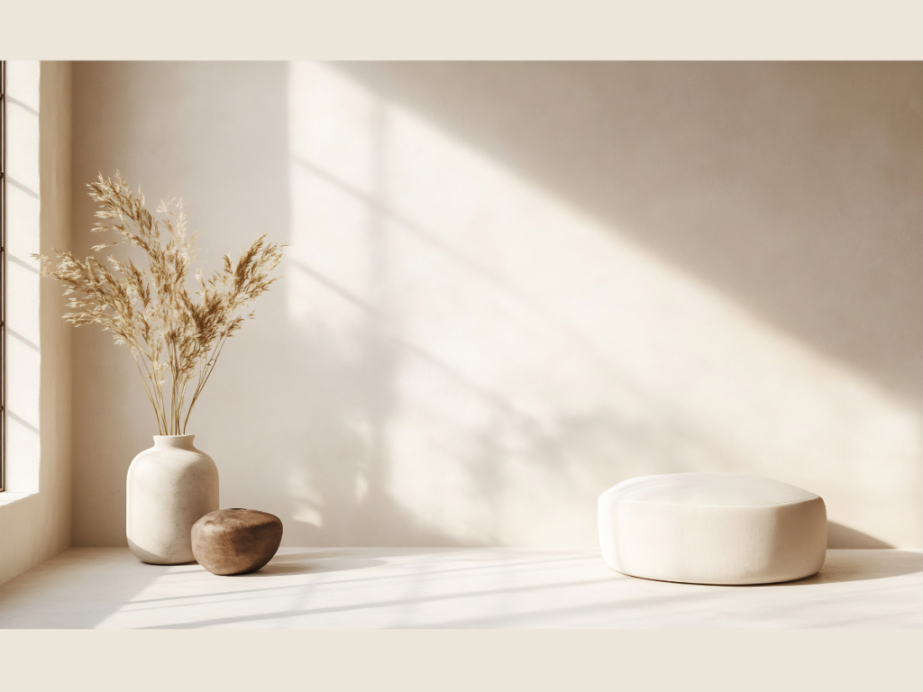 Bright capsule home interior showing minimalist living with white and wood tones.