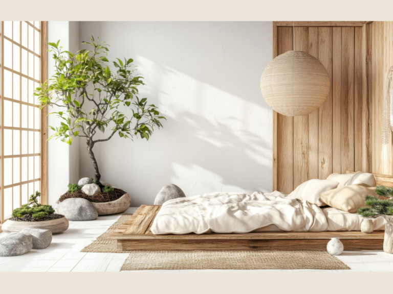 Minimalist living home interior with natural sunlight, wooden furniture, and calm neutral colors.