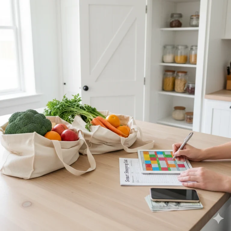 Smart grocery shopping hacks with a list and reusable bags filled with fresh produce to save money on groceries and reduce food waste.